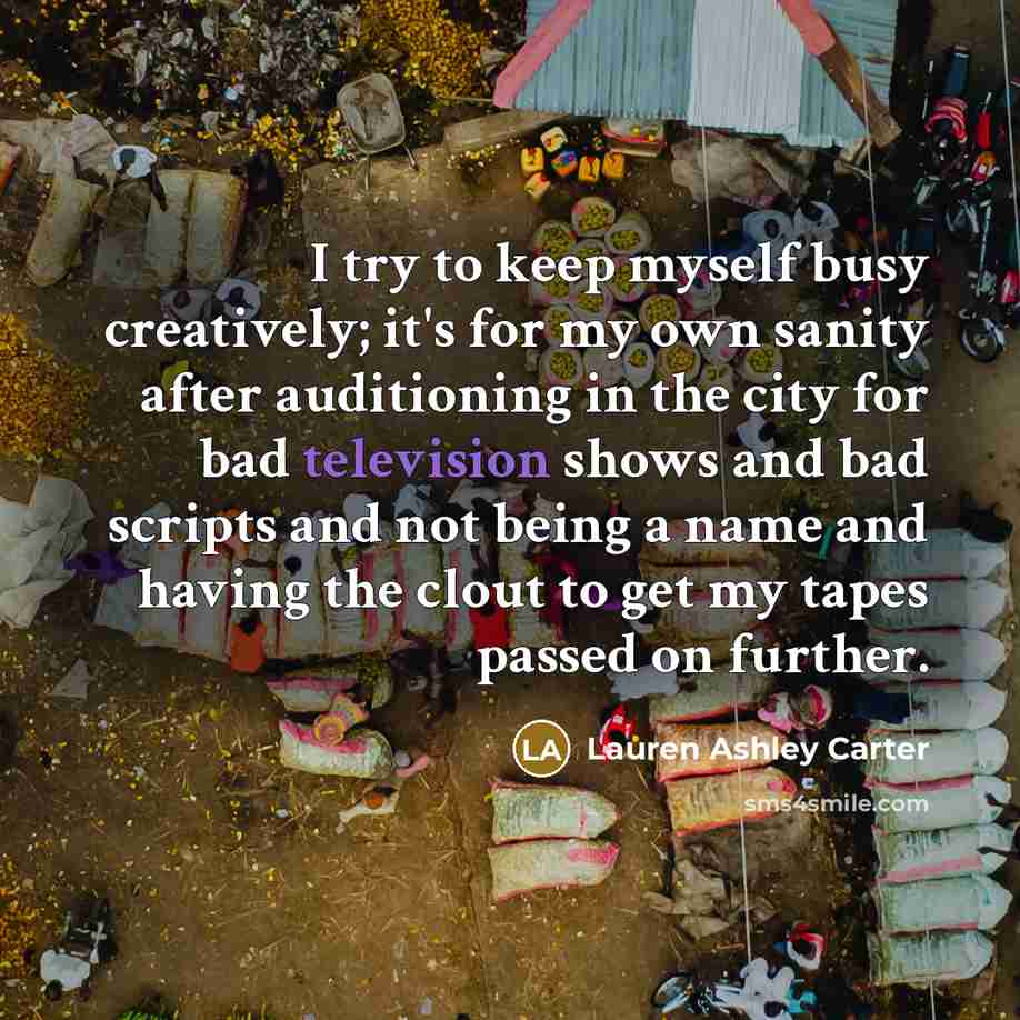 “I try to keep myself busy creatively; it's for my own sanity after auditioning in the city for bad television shows and bad scripts and not being a name and having the clout to get my tapes passed on further.” quote by Lauren Ashley Carter