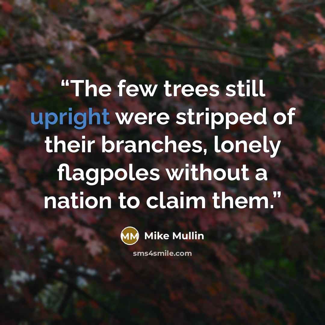 “The few trees still upright were stripped of their branches, lonely flagpoles without a nation to claim them.” quote by Mike Mullin