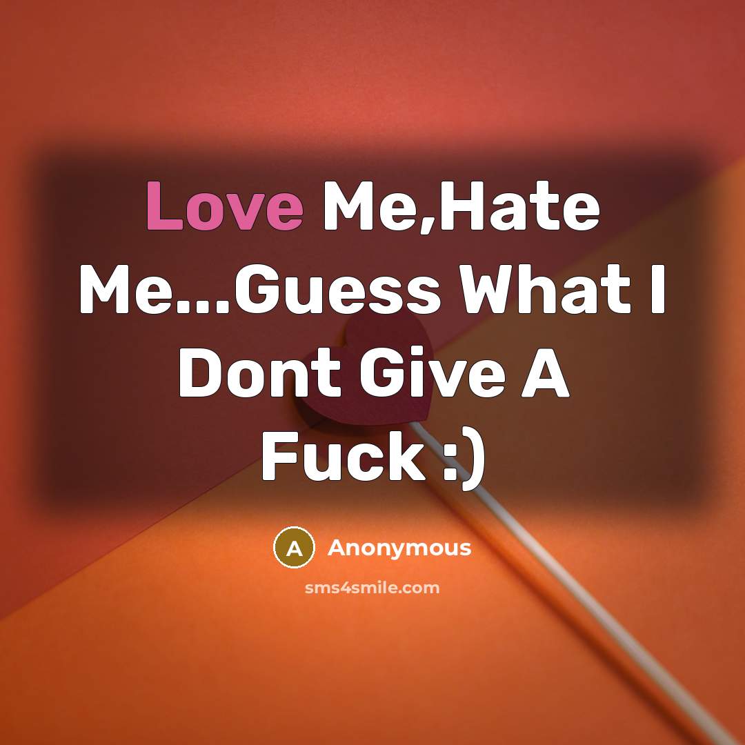 “Love Me,Hate Me...Guess What I Dont Give A Fuck :)” quote by Anonymous
