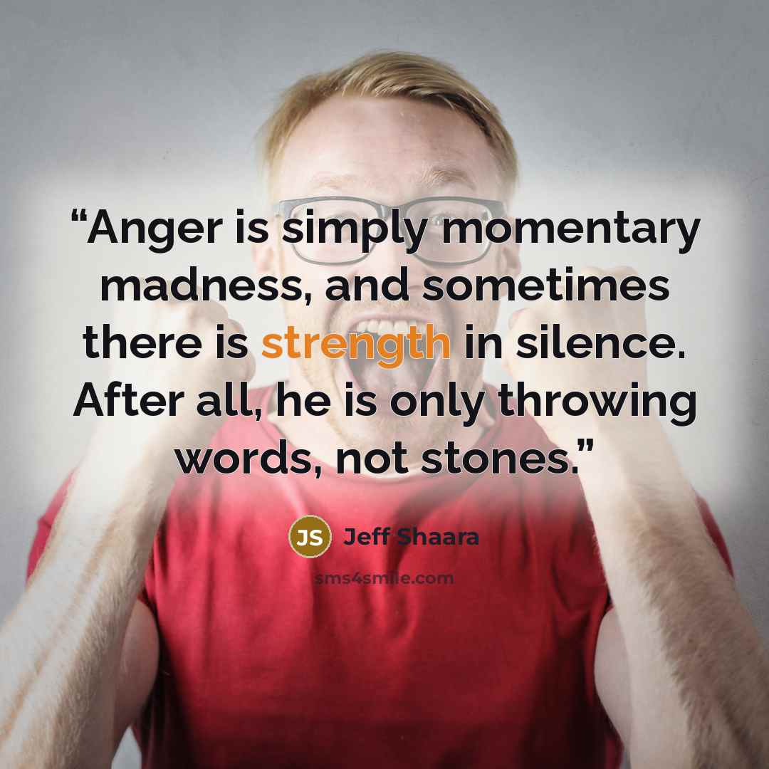 “Anger is simply momentary madness, and sometimes there is strength in silence. After all, he is only throwing words, not stones.” quote by Jeff Shaara