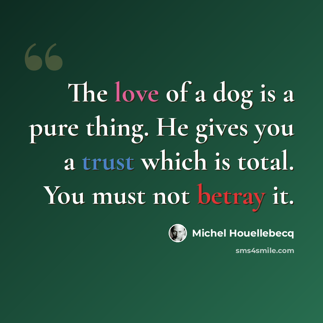 “The love of a dog is a pure thing. He gives you a trust which is total. You must not betray it.” quote by Michel Houellebecq