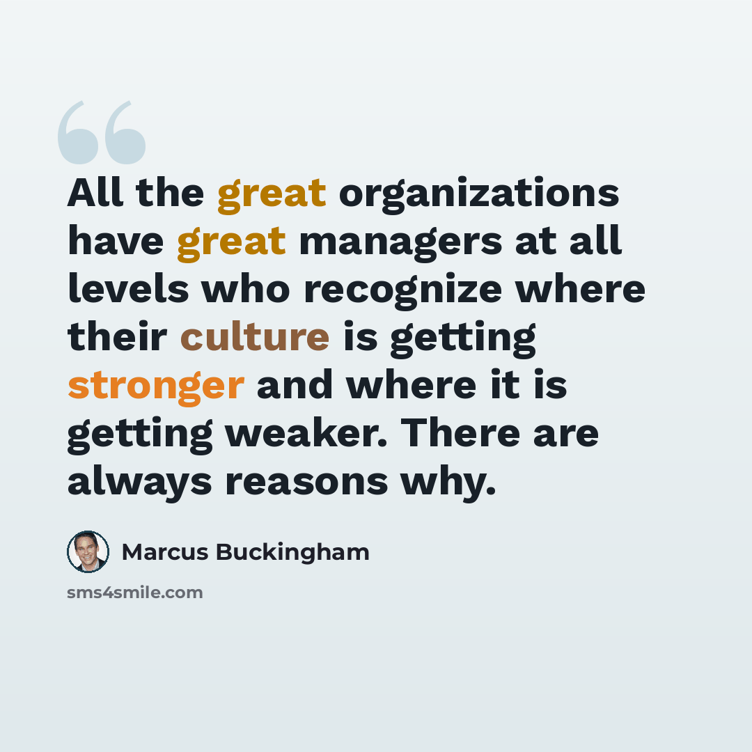 “All the great organizations have great managers at all levels who recognize where their culture is getting stronger and where it is getting weaker. There are always reasons why.” quote by Marcus Buckingham