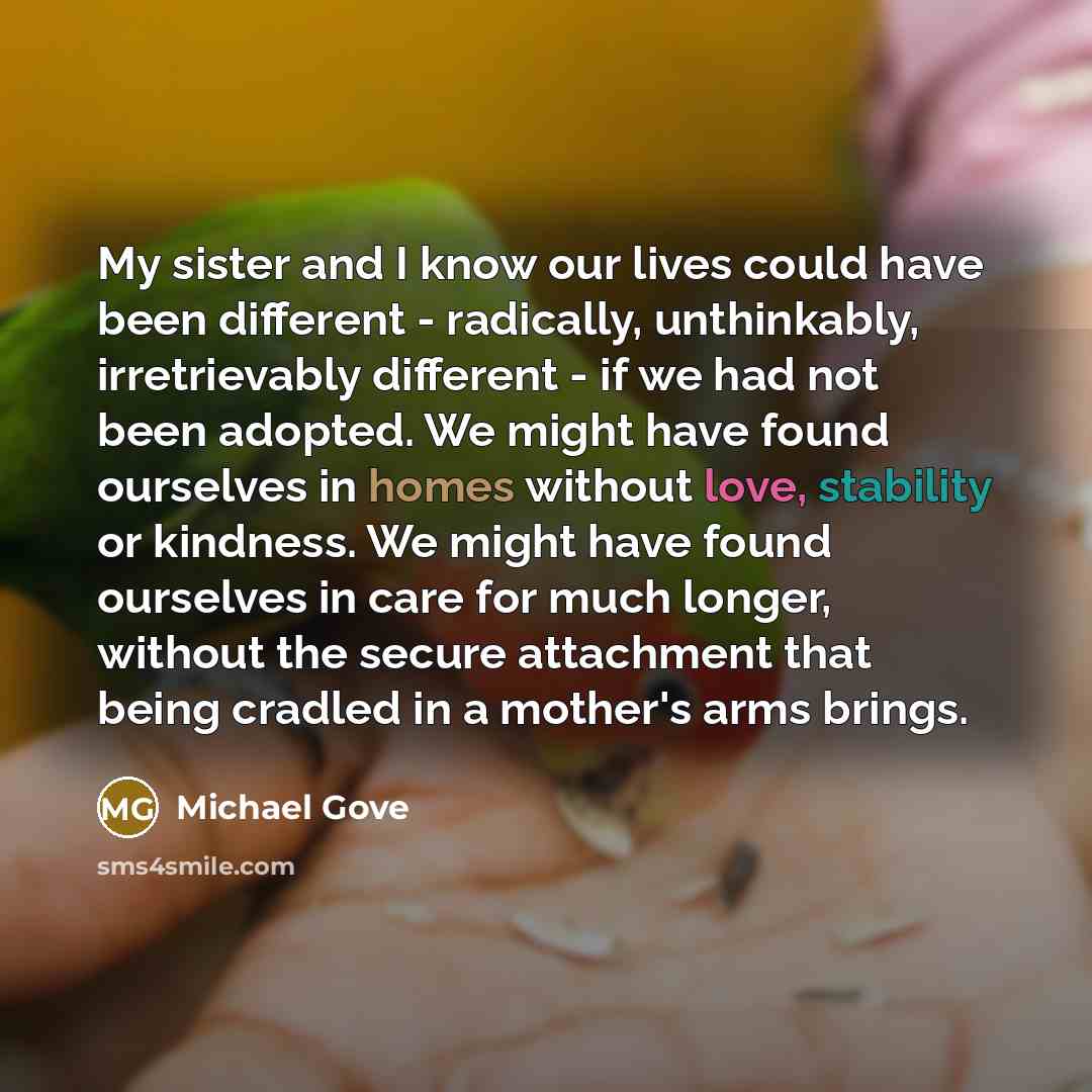 “My sister and I know our lives could have been different - radically, unthinkably, irretrievably different - if we had not been adopted. We might have found ourselves in homes without love, stability or kindness. We might have found ourselves in care for much longer, without the secure attachment…” quote by Michael Gove