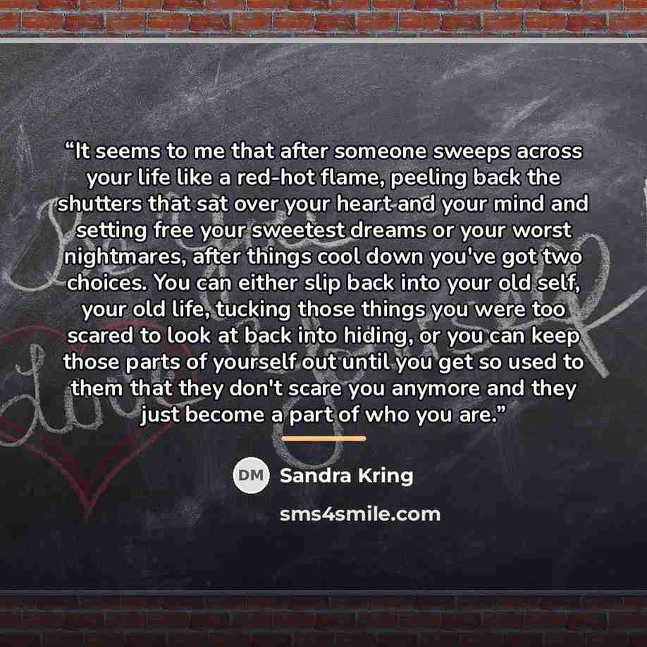 “It seems to me that after someone sweeps across your life like a red-hot flame, peeling back the shutters that sat over your heart and your mind and setting free your sweetest dreams or your worst nightmares, after things cool down you've got two choices. You can either slip back into your old…” quote by Sandra Kring