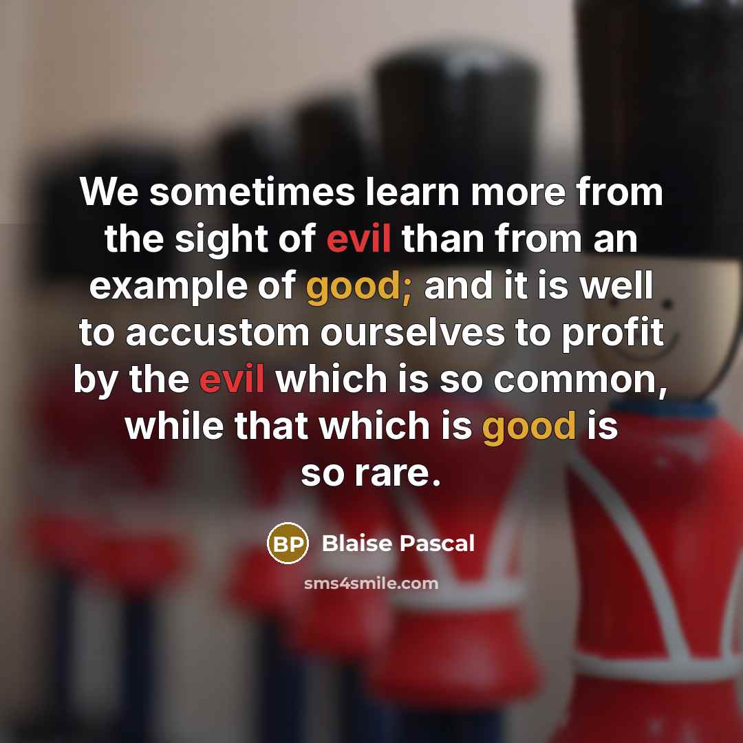 “We sometimes learn more from the sight of evil than from an example of good; and it is well to accustom ourselves to profit by the evil which is so common, while that which is good is so rare.” quote by Blaise Pascal
