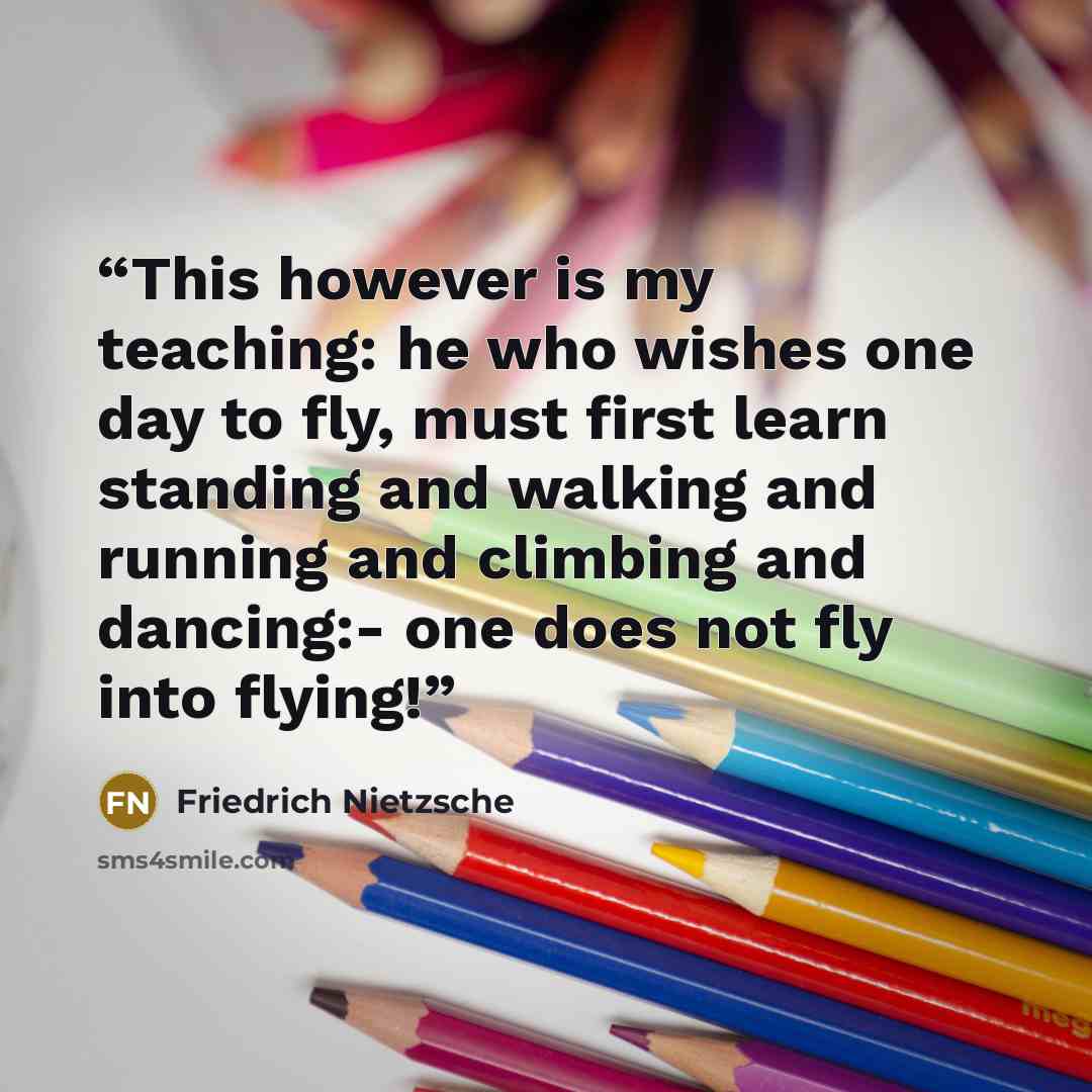 “This however is my teaching: he who wishes one day to fly, must first learn standing and walking and running and climbing and dancing:- one does not fly into flying!” quote by Friedrich Nietzsche