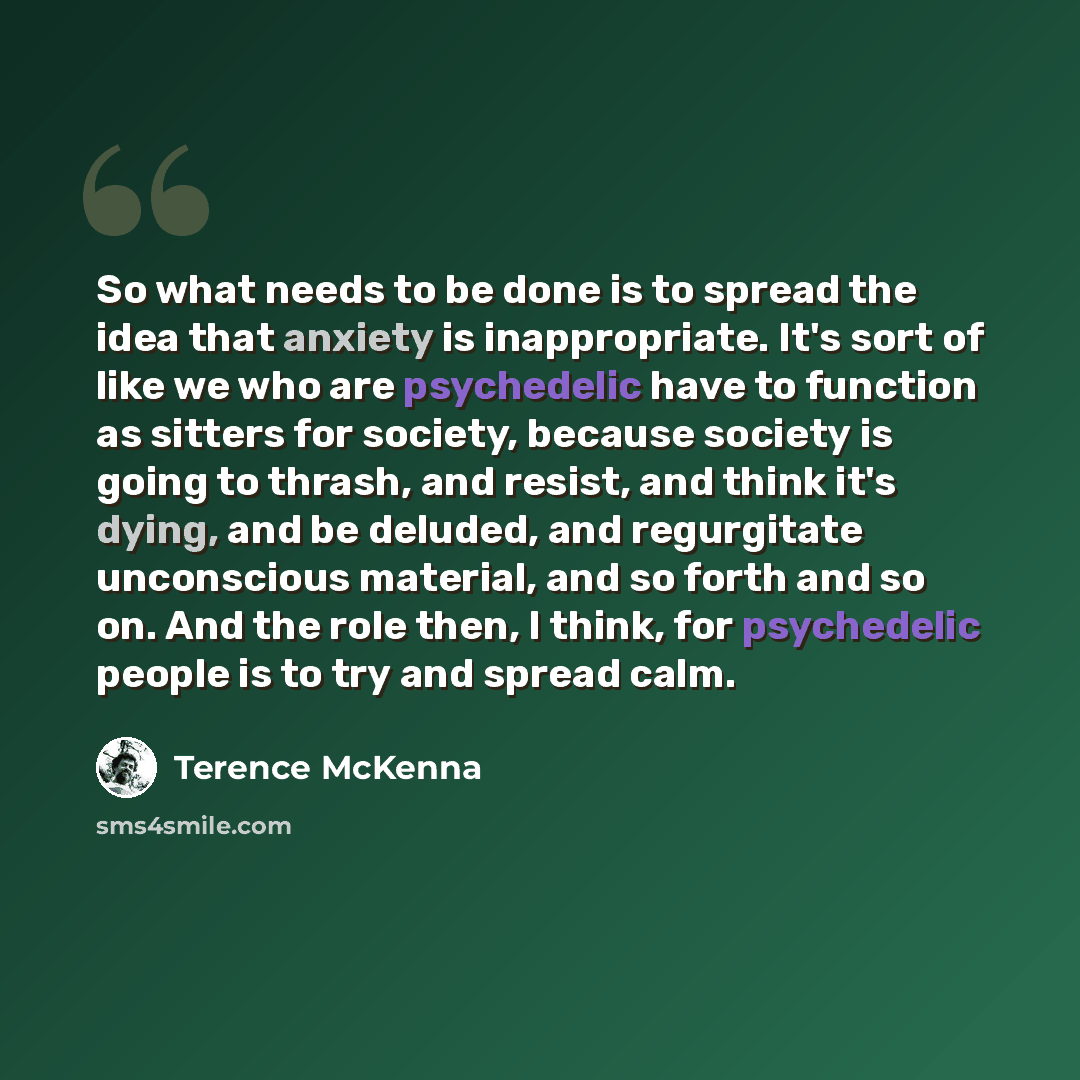 “So what needs to be done is to spread the idea that anxiety is inappropriate. It's sort of like we who are psychedelic have to function as sitters for society, because society is going to thrash, and resist, and think it's dying, and be deluded, and regurgitate unconscious material, and so forth…” quote by Terence McKenna