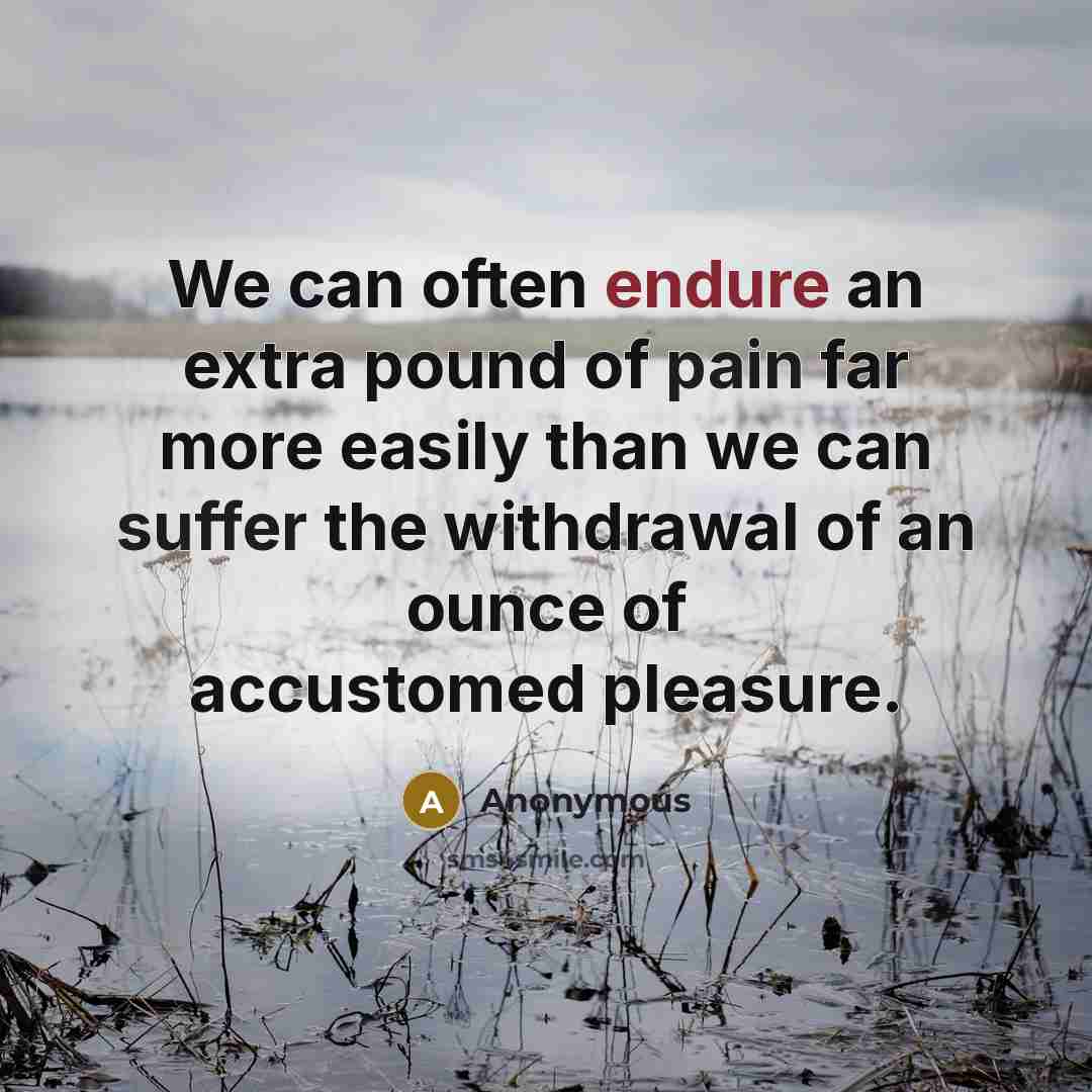 “We can often endure an extra pound of pain far more easily than we can suffer the withdrawal of an ounce of accustomed pleasure.” quote by Anonymous