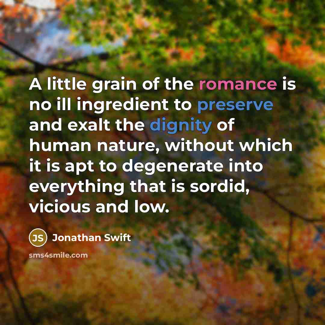 “A little grain of the romance is no ill ingredient to preserve and exalt the dignity of human nature, without which it is apt to degenerate into everything that is sordid, vicious and low.” quote by Jonathan Swift