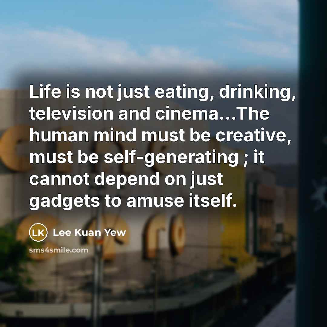 “Life is not just eating, drinking, television and cinema...The human mind must be creative, must be self-generating ; it cannot depend on just gadgets to amuse itself.” quote by Lee Kuan Yew