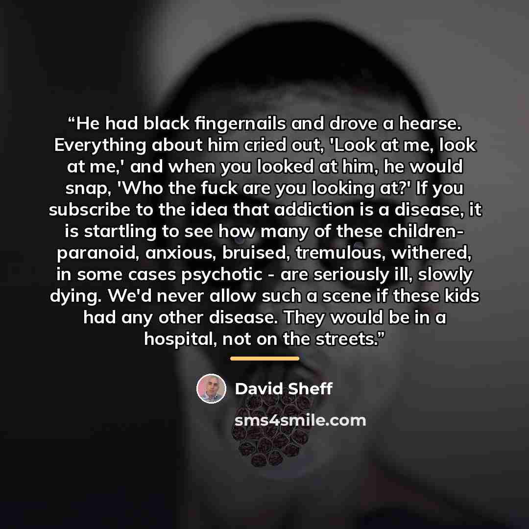 “He had black fingernails and drove a hearse. Everything about him cried out, 'Look at me, look at me,' and when you looked at him, he would snap, 'Who the fuck are you looking at?' If you subscribe to the idea that addiction is a disease, it is startling to see how many of these children…” quote by David Sheff