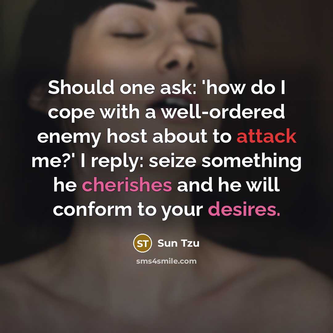 “Should one ask: 'how do I cope with a well-ordered enemy host about to attack me?' I reply: seize something he cherishes and he will conform to your desires.” quote by Sun Tzu