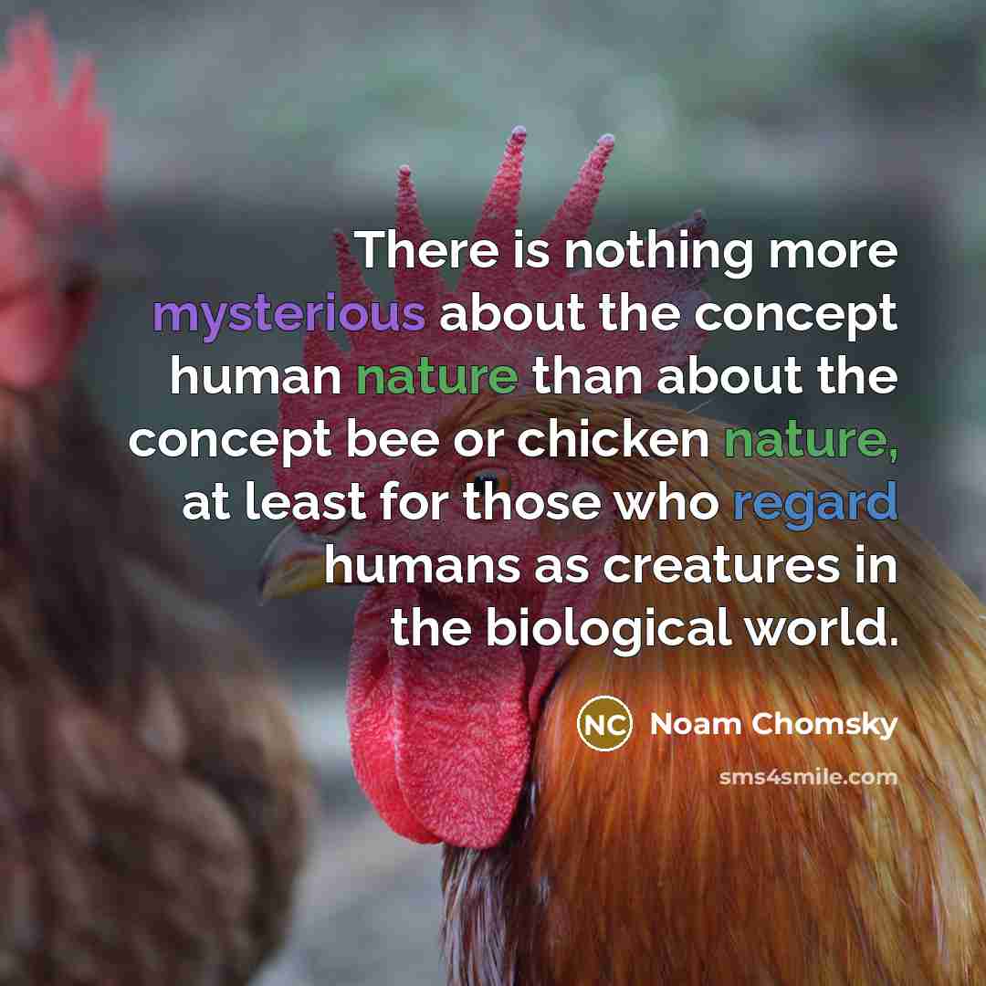“There is nothing more mysterious about the concept human nature than about the concept bee or chicken nature, at least for those who regard humans as creatures in the biological world.” quote by Noam Chomsky