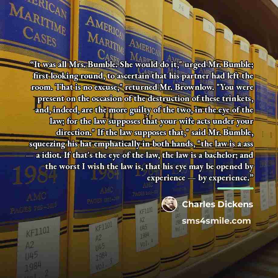 “It was all Mrs. Bumble. She would do it," urged Mr. Bumble; first looking round, to ascertain that his partner had left the room. That is no excuse," returned Mr. Brownlow. "You were present on the occasion of the destruction of these trinkets, and, indeed, are the more guilty of the two, in the…” quote by Charles Dickens