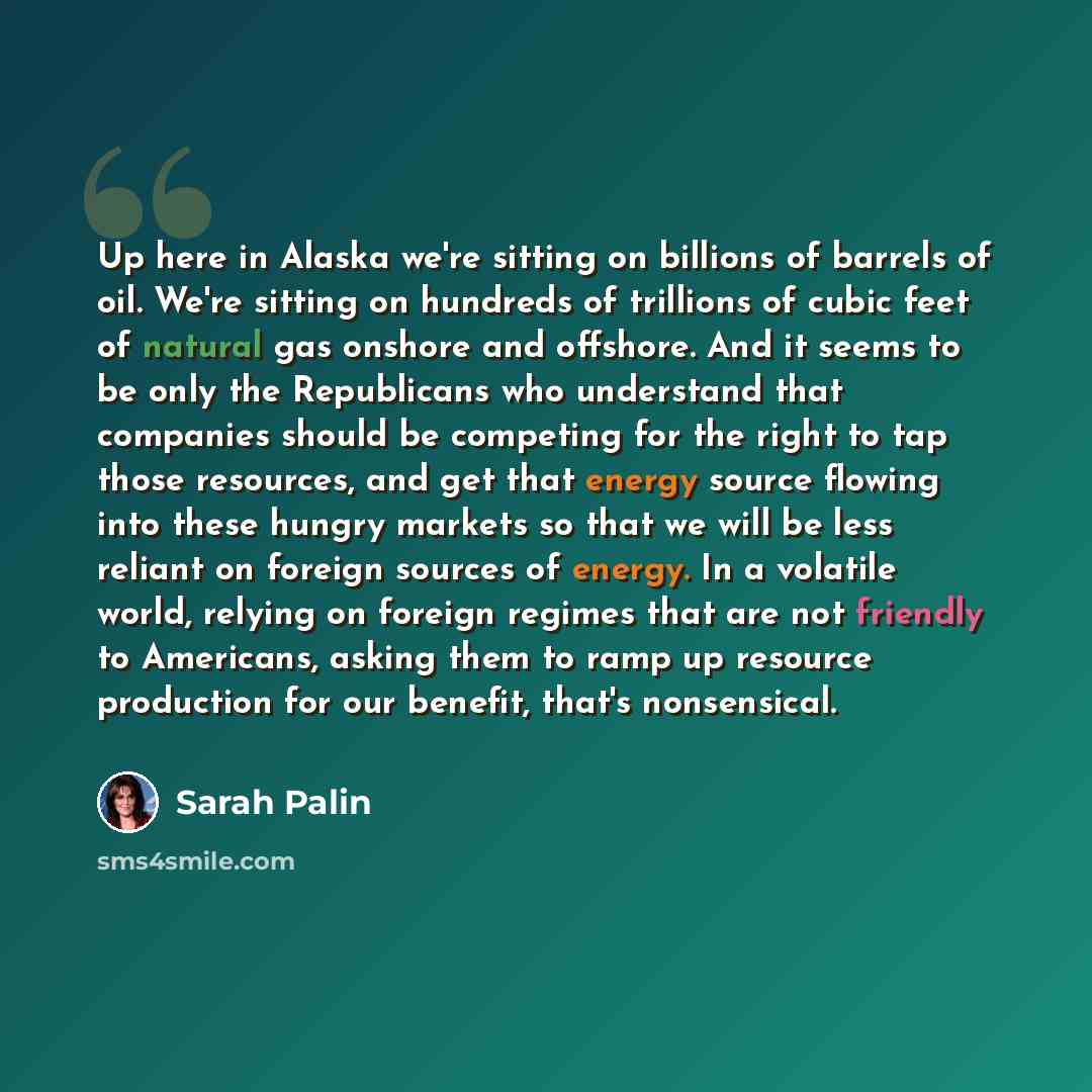 “Up here in Alaska we're sitting on billions of barrels of oil. We're sitting on hundreds of trillions of cubic feet of natural gas onshore and offshore. And it seems to be only the Republicans who understand that companies should be competing for the right to tap those resources, and get that…” quote by Sarah Palin
