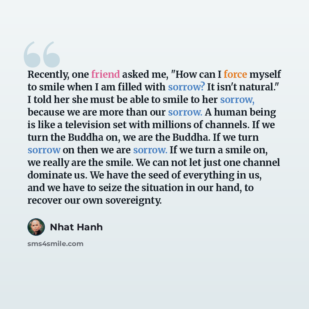 “Recently, one friend asked me, "How can I force myself to smile when I am filled with sorrow? It isn't natural." I told her she must be able to smile to her sorrow, because we are more than our sorrow. A human being is like a television set with millions of channels. If we turn the Buddha on, we…” quote by Nhat Hanh