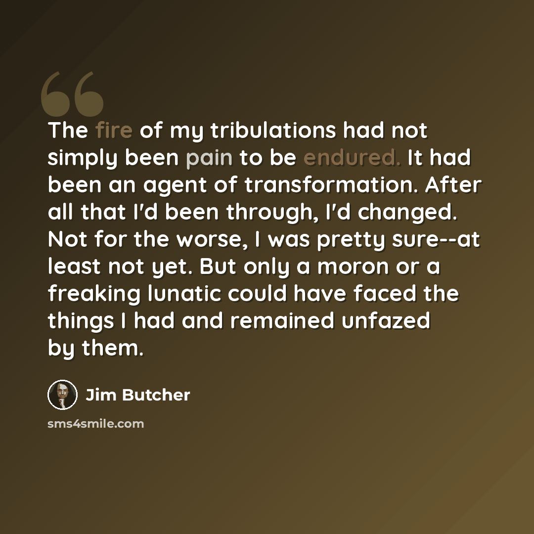 “The fire of my tribulations had not simply been pain to be endured. It had been an agent of transformation. After all that I'd been through, I'd changed. Not for the worse, I was pretty sure--at least not yet. But only a moron or a freaking lunatic could have faced the things I had and remained…” quote by Jim Butcher