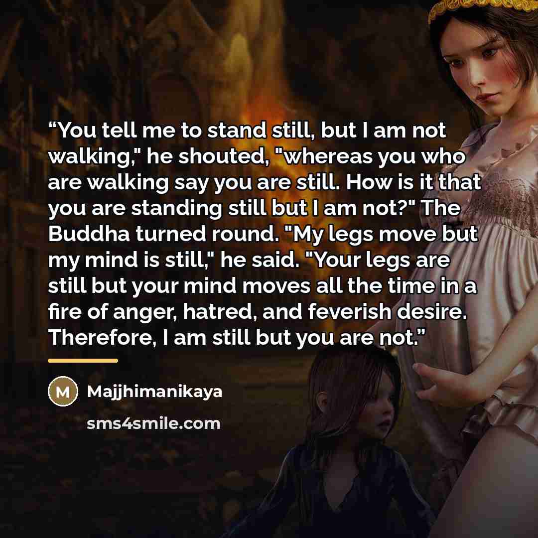 “You tell me to stand still, but I am not walking," he shouted, "whereas you who are walking say you are still. How is it that you are standing still but I am not?" The Buddha turned round. "My legs move but my mind is still," he said. "Your legs are still but your mind moves all the time in a fire…” quote by Majjhimanikaya