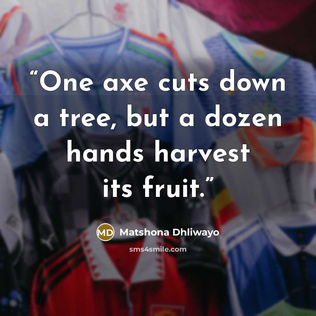 “One axe cuts down a tree, but a dozen hands harvest its fruit.” quote by Matshona Dhliwayo