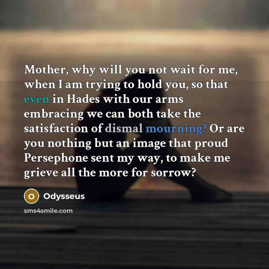 “Mother, why will you not wait for me, when I am trying to hold you, so that even in Hades with our arms embracing we can both take the satisfaction of dismal mourning? Or are you nothing but an image that proud Persephone sent my way, to make me grieve all the more for sorrow?” quote by Odysseus