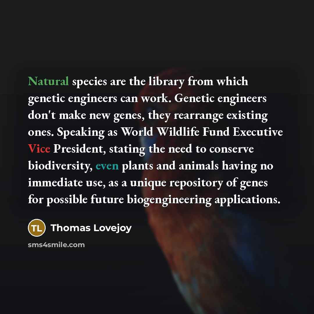 “Natural species are the library from which genetic engineers can work. Genetic engineers don't make new genes, they rearrange existing ones. Speaking as World Wildlife Fund Executive Vice President, stating the need to conserve biodiversity, even plants and animals having no immediate use, as a…” quote by Thomas Lovejoy
