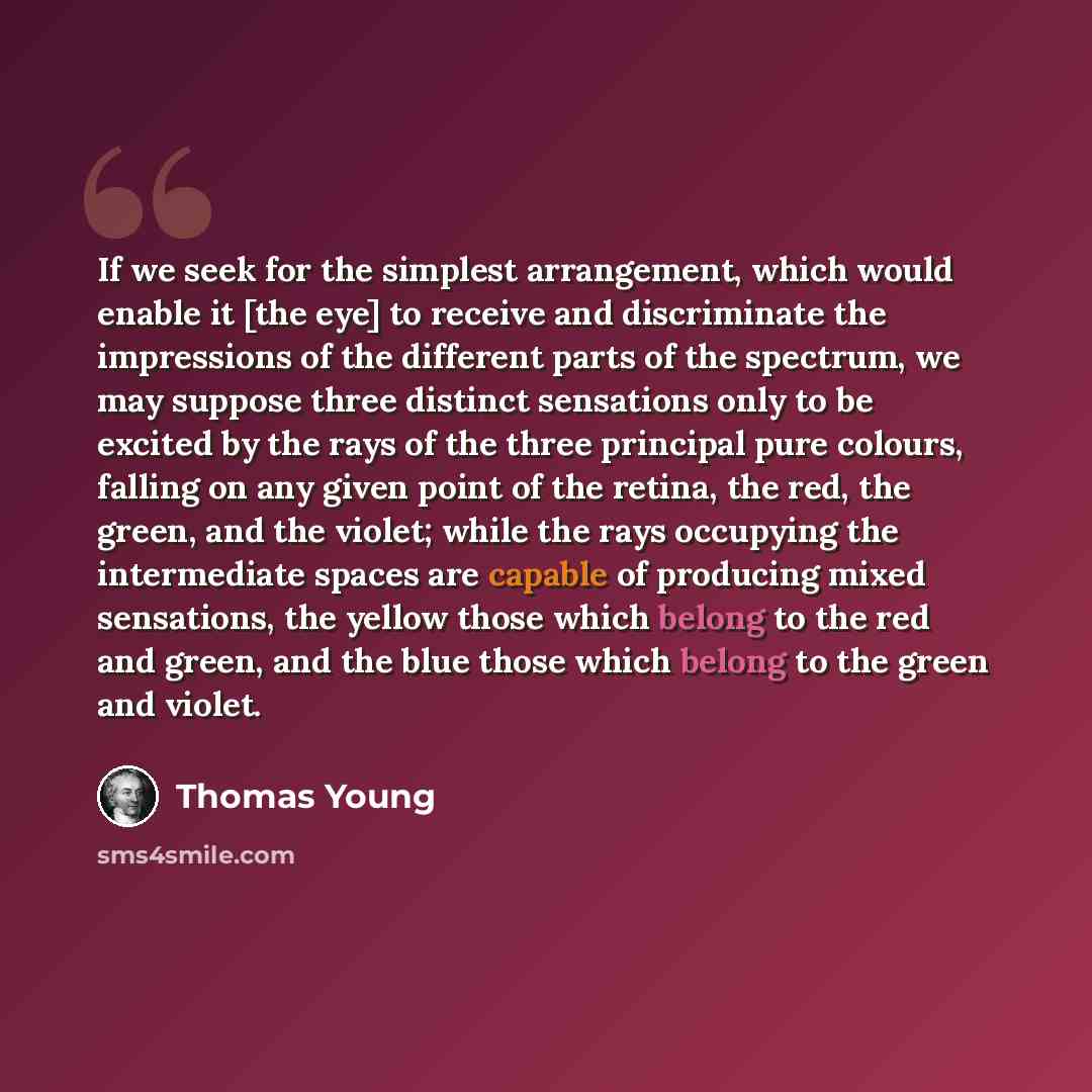 “If we seek for the simplest arrangement, which would enable it [the eye] to receive and discriminate the impressions of the different parts of the spectrum, we may suppose three distinct sensations only to be excited by the rays of the three principal pure colours, falling on any given point of…” quote by Thomas Young