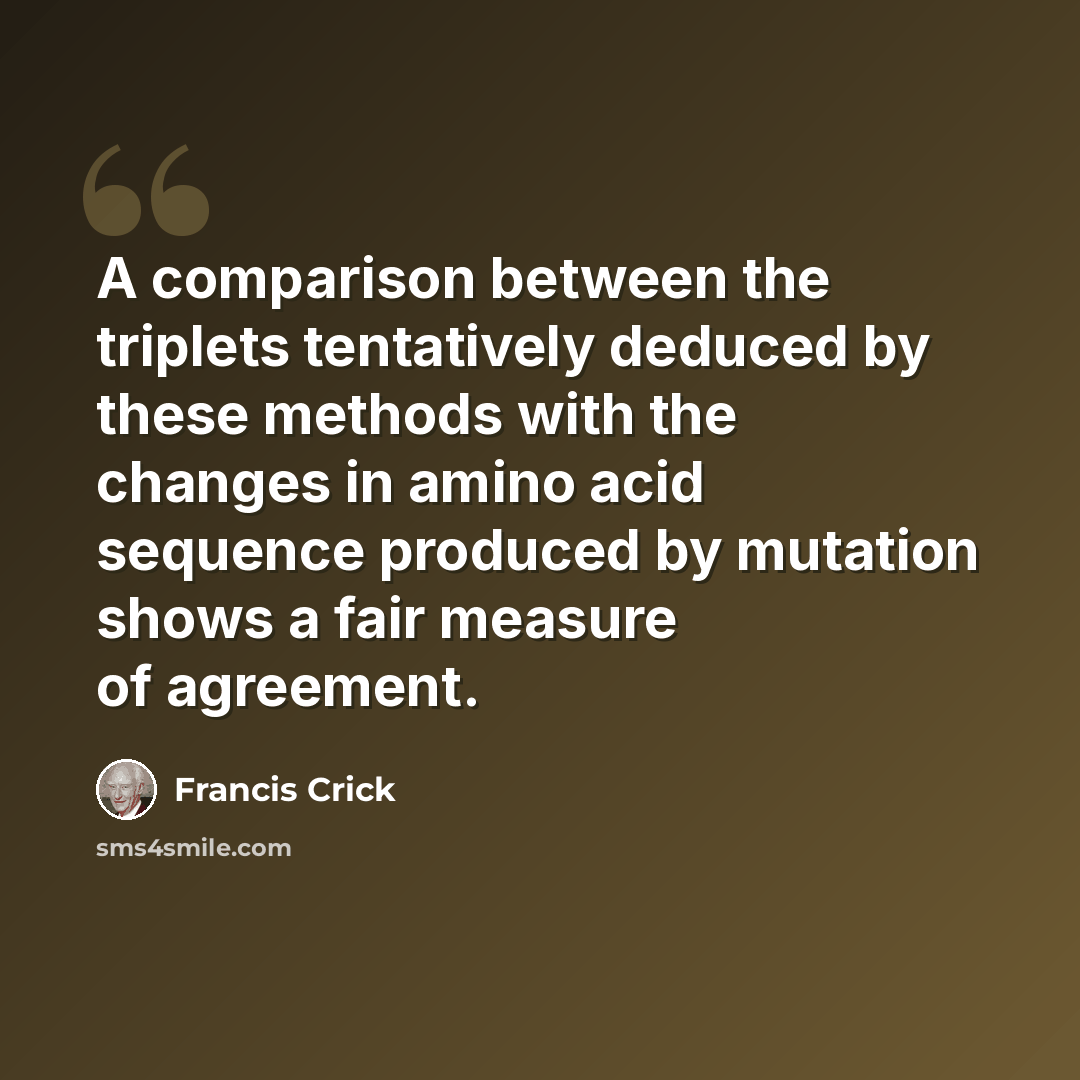 “A comparison between the triplets tentatively deduced by these methods with the changes in amino acid sequence produced by mutation shows a fair measure of agreement.” quote by Francis Crick