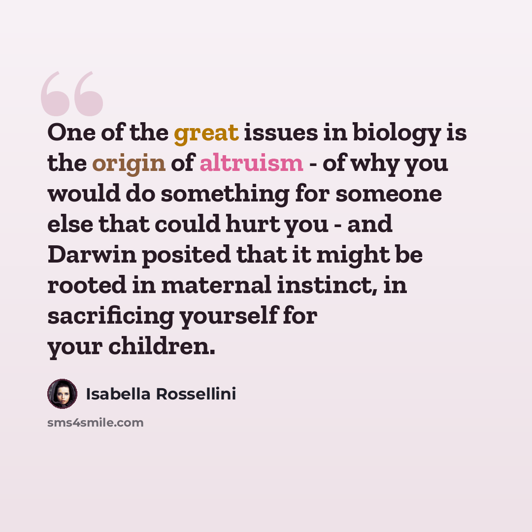 “One of the great issues in biology is the origin of altruism - of why you would do something for someone else that could hurt you - and Darwin posited that it might be rooted in maternal instinct, in sacrificing yourself for your children.” quote by Isabella Rossellini