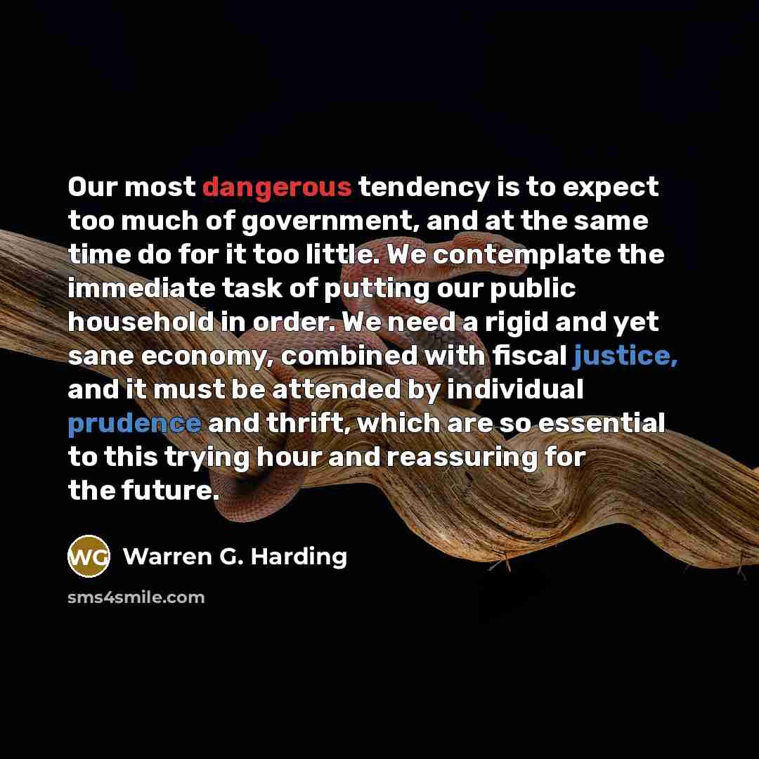 “Our most dangerous tendency is to expect too much of government, and at the same time do for it too little. We contemplate the immediate task of putting our public household in order. We need a rigid and yet sane economy, combined with fiscal justice, and it must be attended by individual prudence…” quote by Warren G. Harding