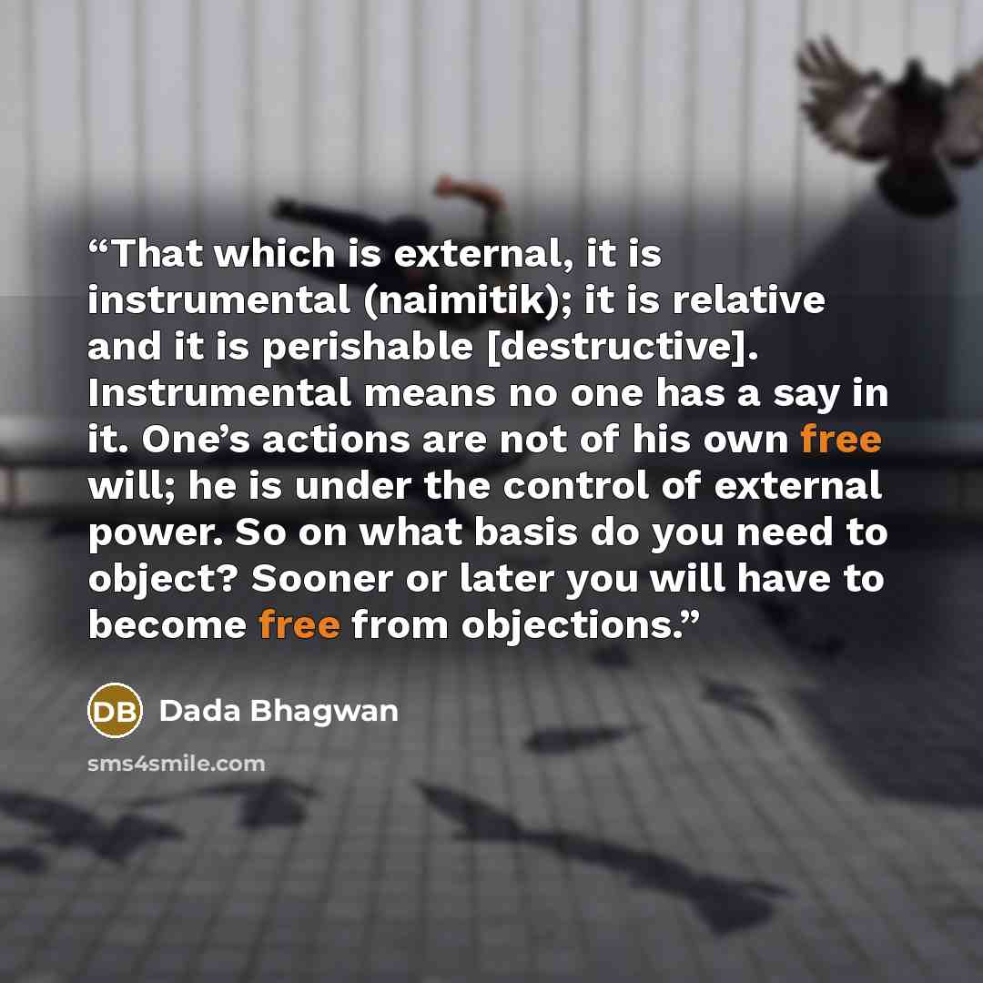 “That which is external, it is instrumental (naimitik); it is relative and it is perishable [destructive]. Instrumental means no one has a say in it. One’s actions are not of his own free will; he is under the control of external power. So on what basis do you need to object? Sooner or later you…” quote by Dada Bhagwan