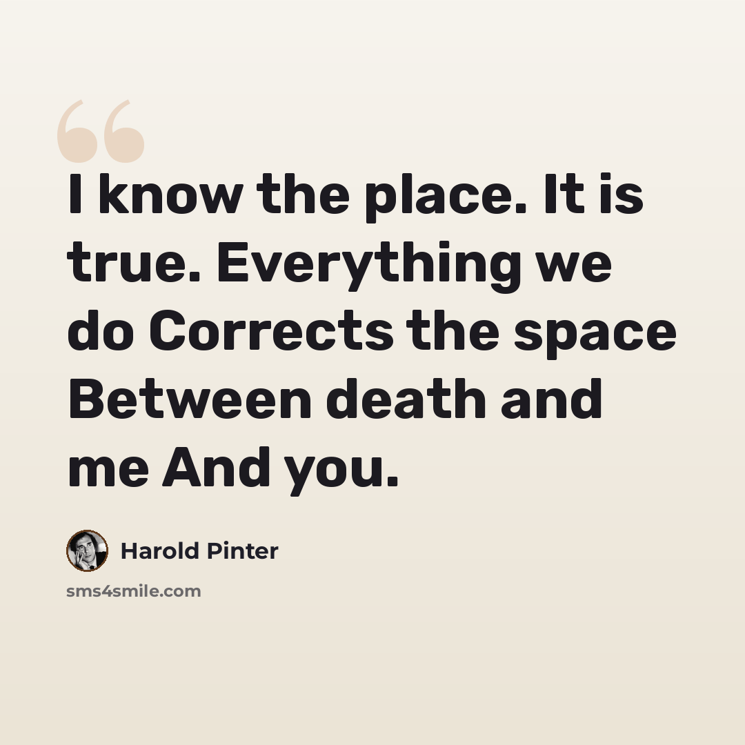 “I know the place. It is true. Everything we do Corrects the space Between death and me And you.” quote by Harold Pinter