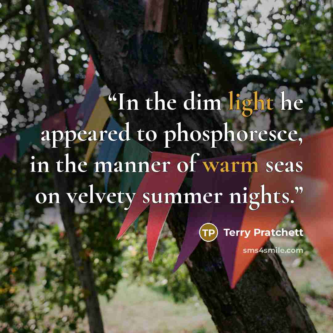 “In the dim light he appeared to phosphoresce, in the manner of warm seas on velvety summer nights.” quote by Terry Pratchett