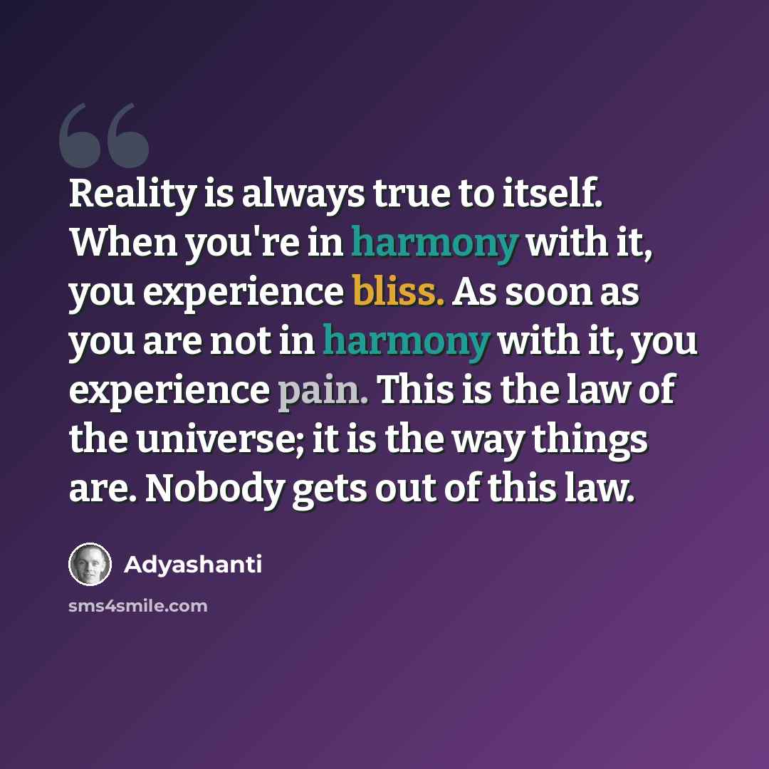 “Reality is always true to itself. When you're in harmony with it, you experience bliss. As soon as you are not in harmony with it, you experience pain. This is the law of the universe; it is the way things are. Nobody gets out of this law.” quote by Adyashanti