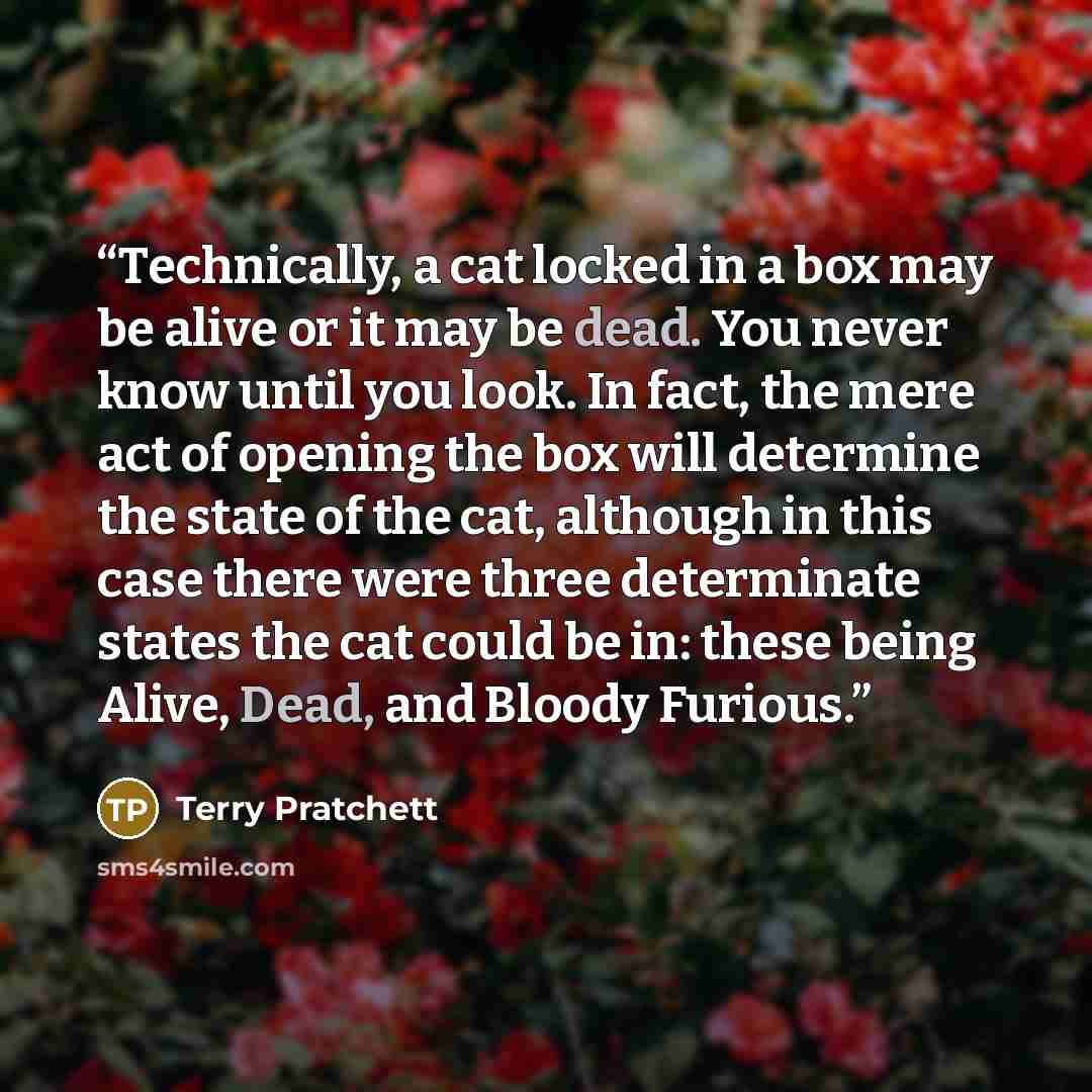 “Technically, a cat locked in a box may be alive or it may be dead. You never know until you look. In fact, the mere act of opening the box will determine the state of the cat, although in this case there were three determinate states the cat could be in: these being Alive, Dead, and Bloody Furious.” quote by Terry Pratchett