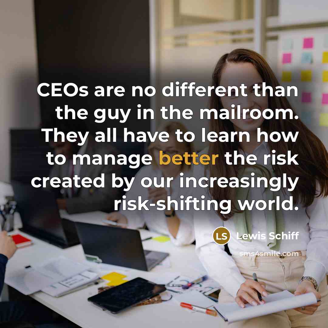 “CEOs are no different than the guy in the mailroom. They all have to learn how to manage better the risk created by our increasingly risk-shifting world.” quote by Lewis Schiff