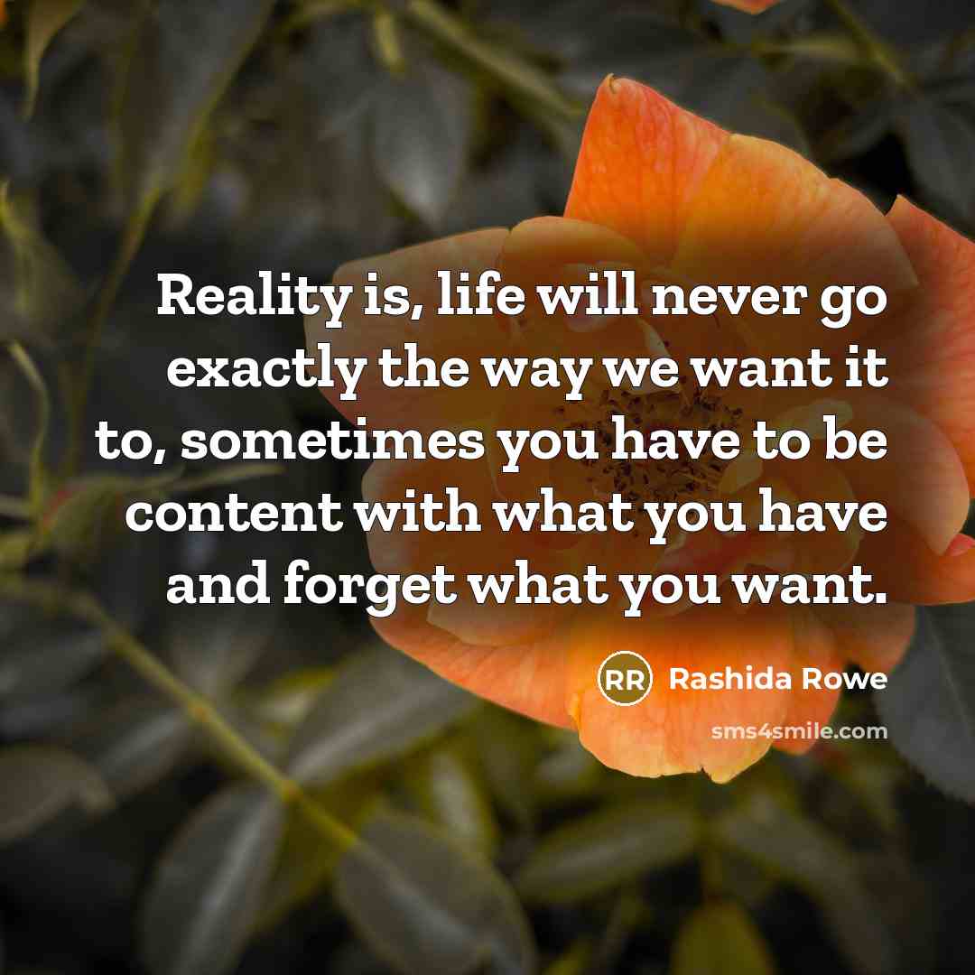 “Reality is, life will never go exactly the way we want it to, sometimes you have to be content with what you have and forget what you want.” quote by Rashida Rowe