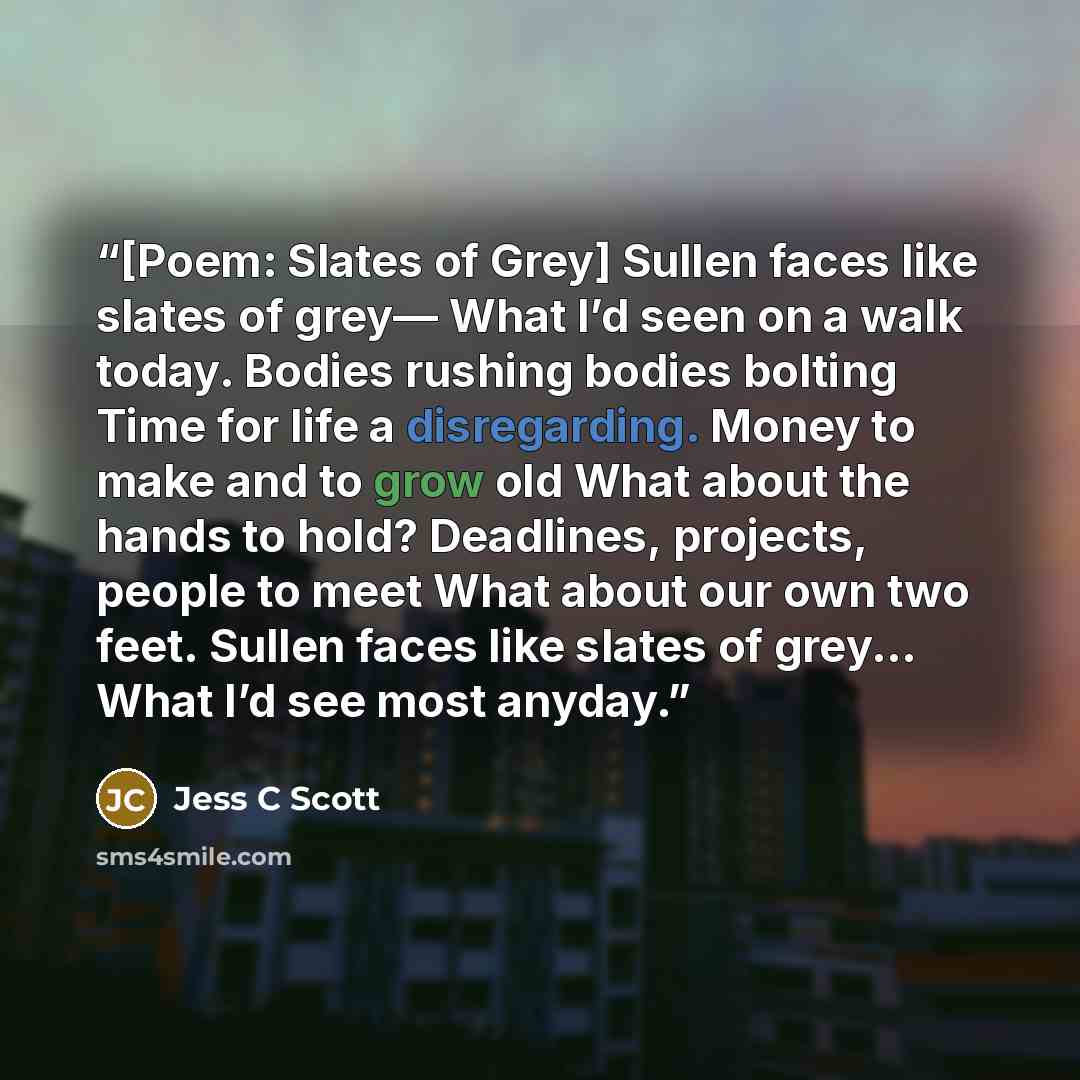 “[Poem: Slates of Grey] Sullen faces like slates of grey— What I’d seen on a walk today. Bodies rushing bodies bolting Time for life a disregarding. Money to make and to grow old What about the hands to hold? Deadlines, projects, people to meet What about our own two feet. Sullen faces like slates…” quote by Jess C Scott