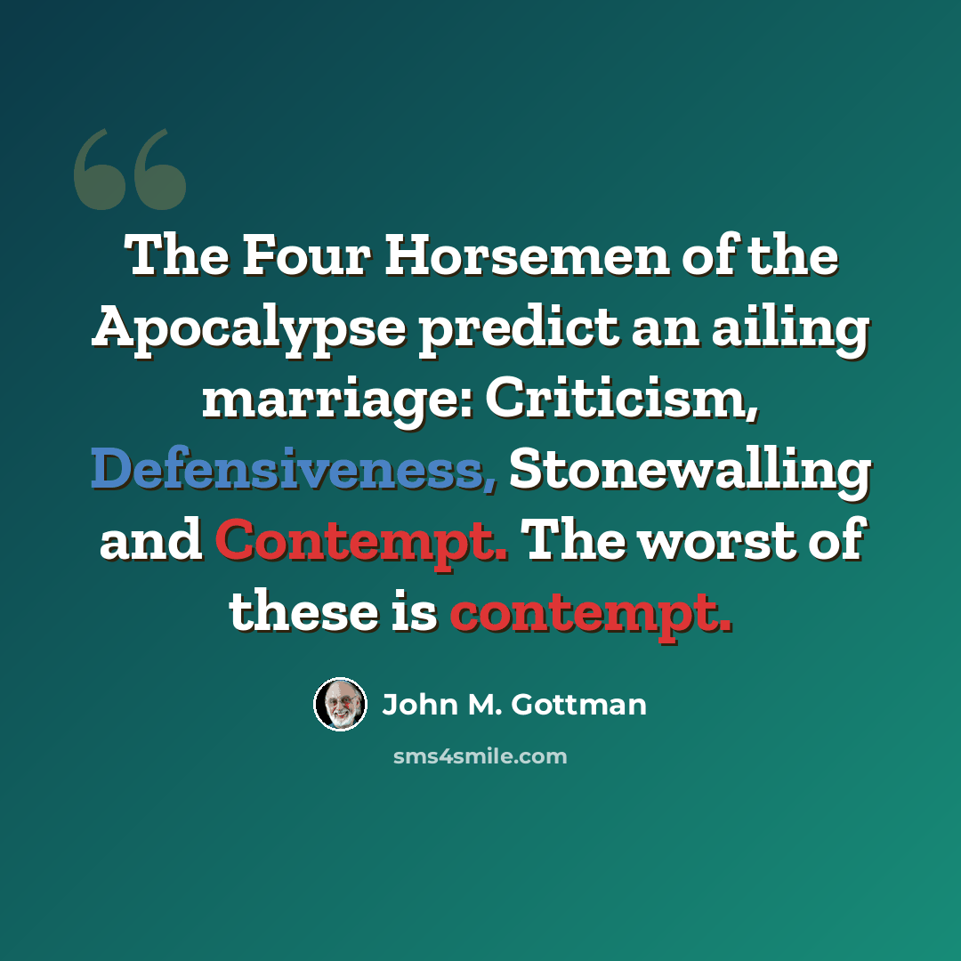 “The Four Horsemen of the Apocalypse predict an ailing marriage: Criticism, Defensiveness, Stonewalling and Contempt. The worst of these is contempt.” quote by John M. Gottman