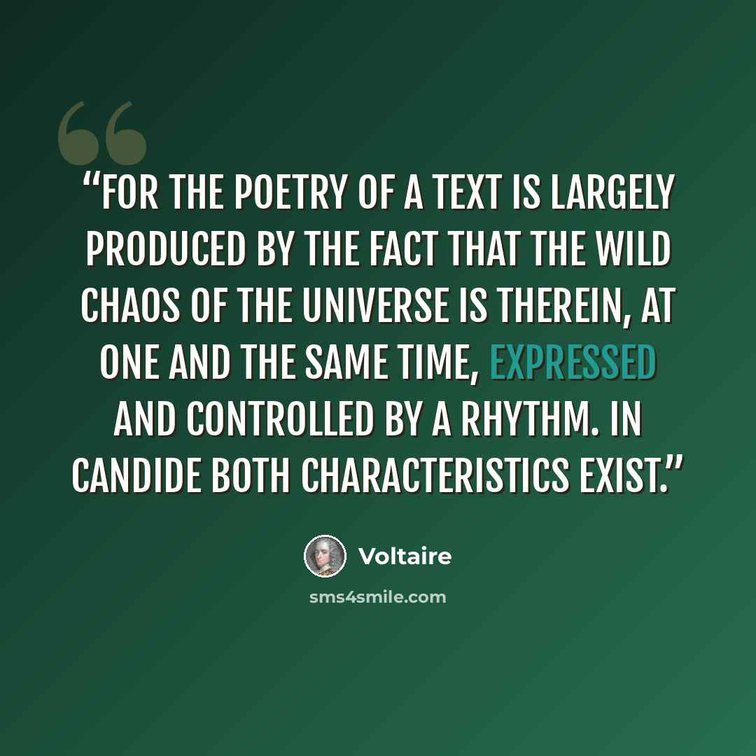 “For the poetry of a text is largely produced by the fact that the wild chaos of the universe is therein, at one and the same time, expressed and controlled by a rhythm. In Candide both characteristics exist.” quote by Voltaire