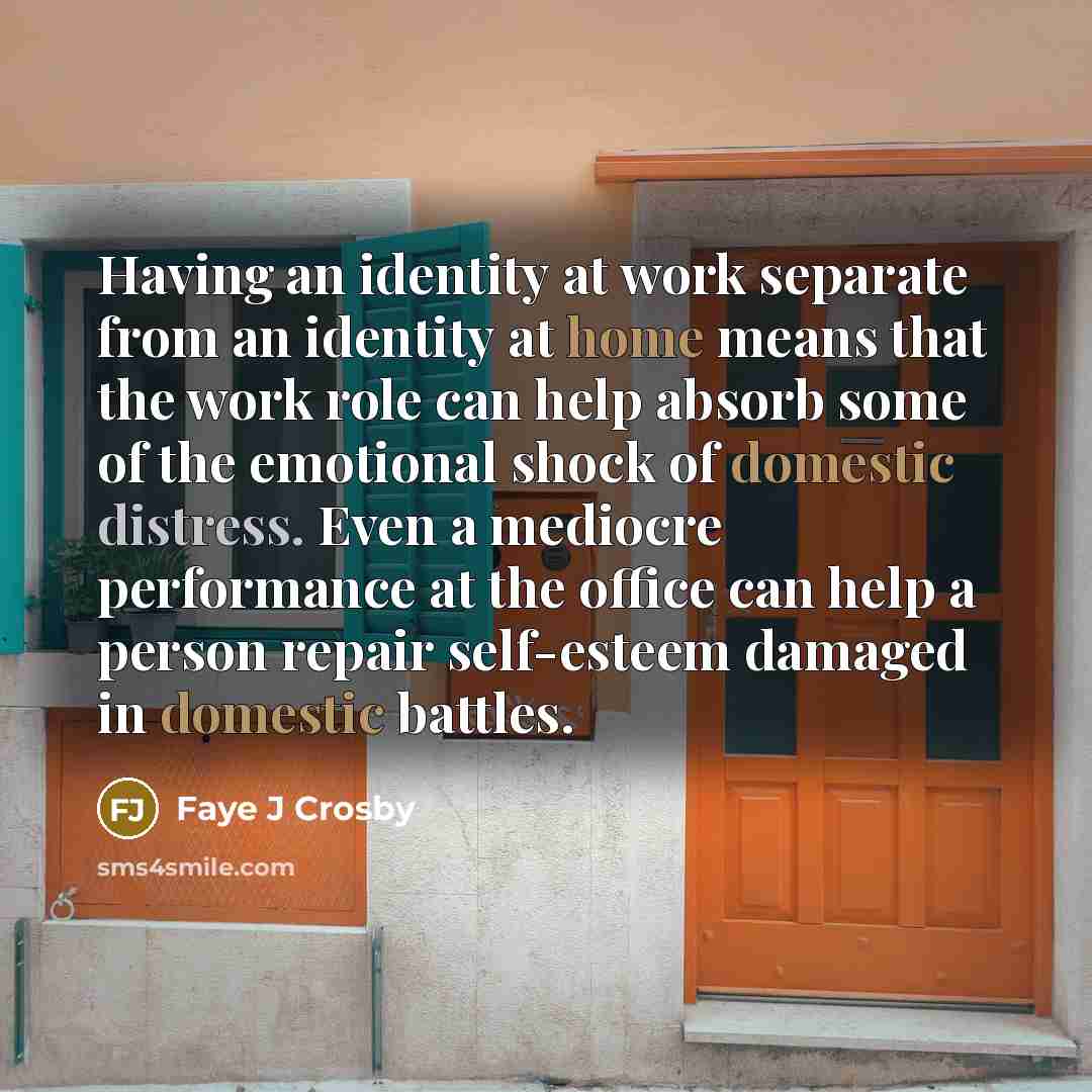 “Having an identity at work separate from an identity at home means that the work role can help absorb some of the emotional shock of domestic distress. Even a mediocre performance at the office can help a person repair self-esteem damaged in domestic battles.” quote by Faye J Crosby
