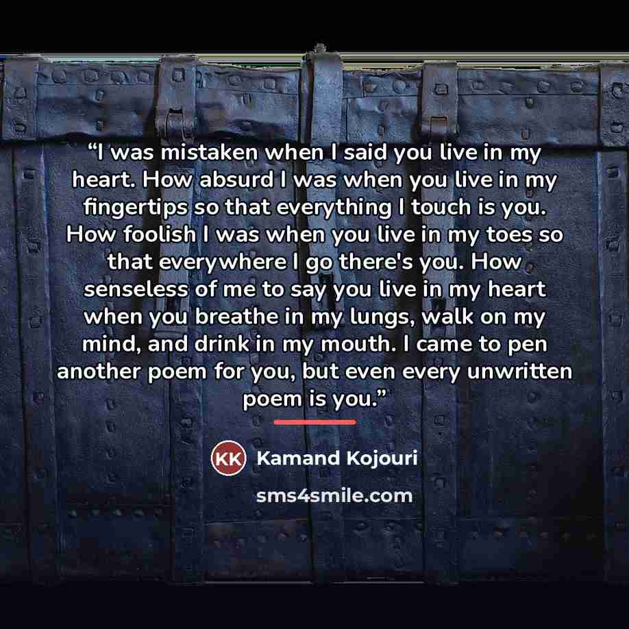 “I was mistaken when I said you live in my heart. How absurd I was when you live in my fingertips so that everything I touch is you. How foolish I was when you live in my toes so that everywhere I go there's you. How senseless of me to say you live in my heart when you breathe in my lungs, walk on…” quote by Kamand Kojouri