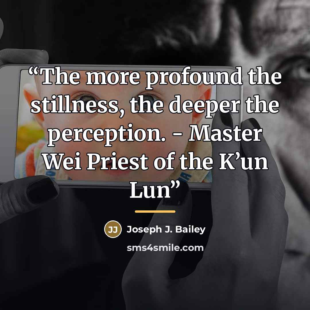 “The more profound the stillness, the deeper the perception. - Master Wei Priest of the K’un Lun” quote by Joseph J. Bailey