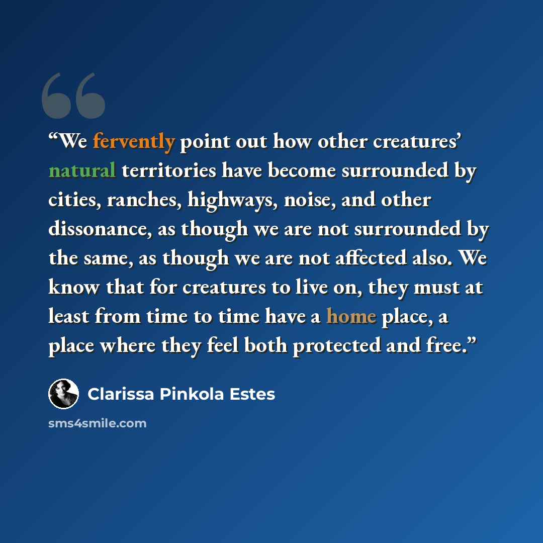 “We fervently point out how other creatures’ natural territories have become surrounded by cities, ranches, highways, noise, and other dissonance, as though we are not surrounded by the same, as though we are not affected also. We know that for creatures to live on, they must at least from time to…” quote by Clarissa Pinkola Estés