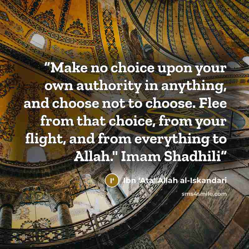 “Make no choice upon your own authority in anything, and choose not to choose. Flee from that choice, from your flight, and from everything to Allah." Imam Shadhili” quote by Ibn ʻAta' Allah al-Iskandari