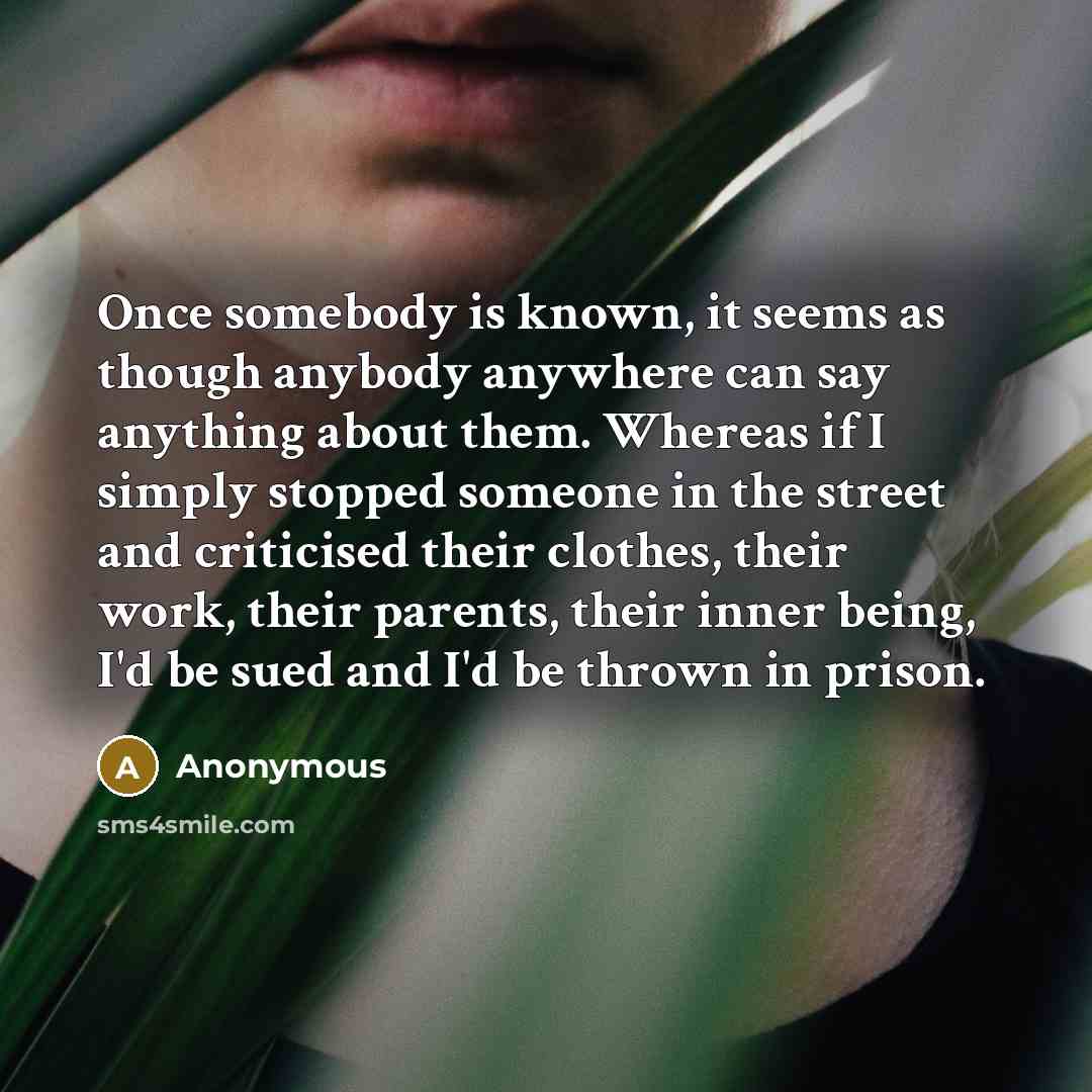 “Once somebody is known, it seems as though anybody anywhere can say anything about them. Whereas if I simply stopped someone in the street and criticised their clothes, their work, their parents, their inner being, I'd be sued and I'd be thrown in prison.” quote by Anonymous