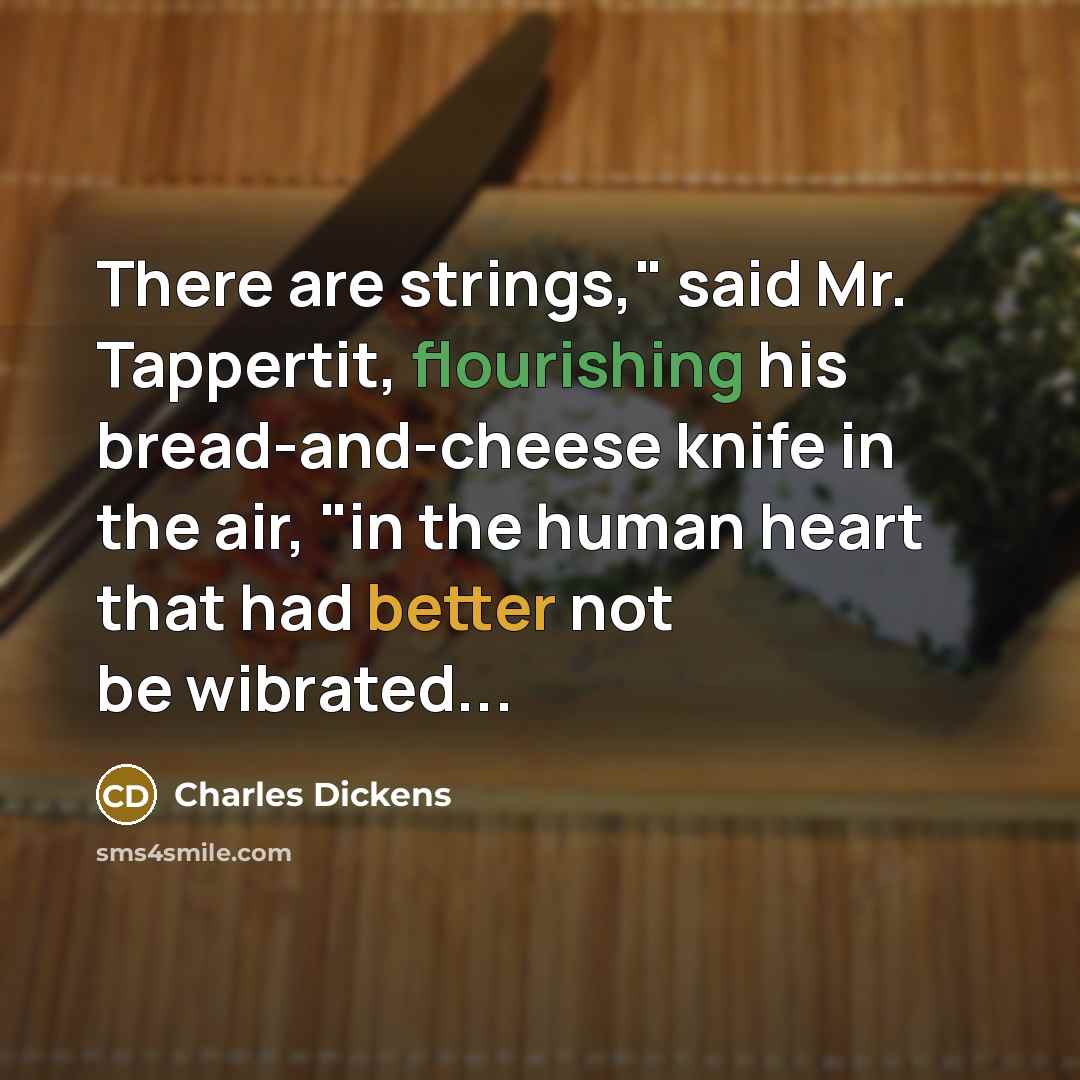 “There are strings," said Mr. Tappertit, flourishing his bread-and-cheese knife in the air, "in the human heart that had better not be wibrated...” quote by Charles Dickens