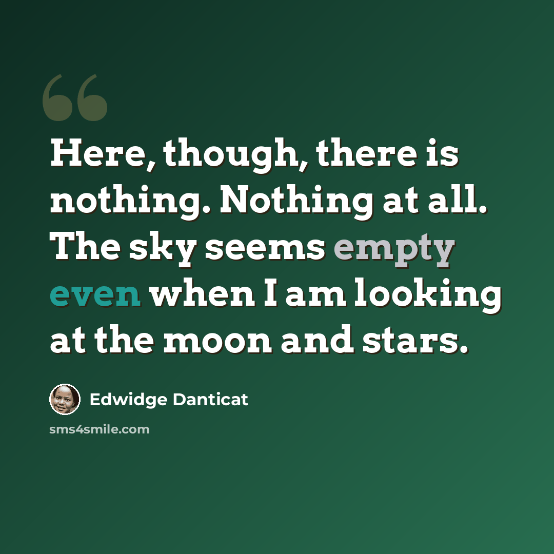 “Here, though, there is nothing. Nothing at all. The sky seems empty even when I am looking at the moon and stars.” quote by Edwidge Danticat