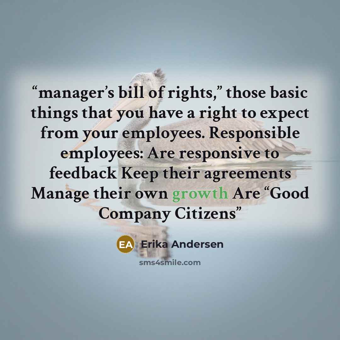 “manager’s bill of rights,” those basic things that you have a right to expect from your employees. Responsible employees: Are responsive to feedback Keep their agreements Manage their own growth Are “Good Company Citizens” quote by Erika Andersen