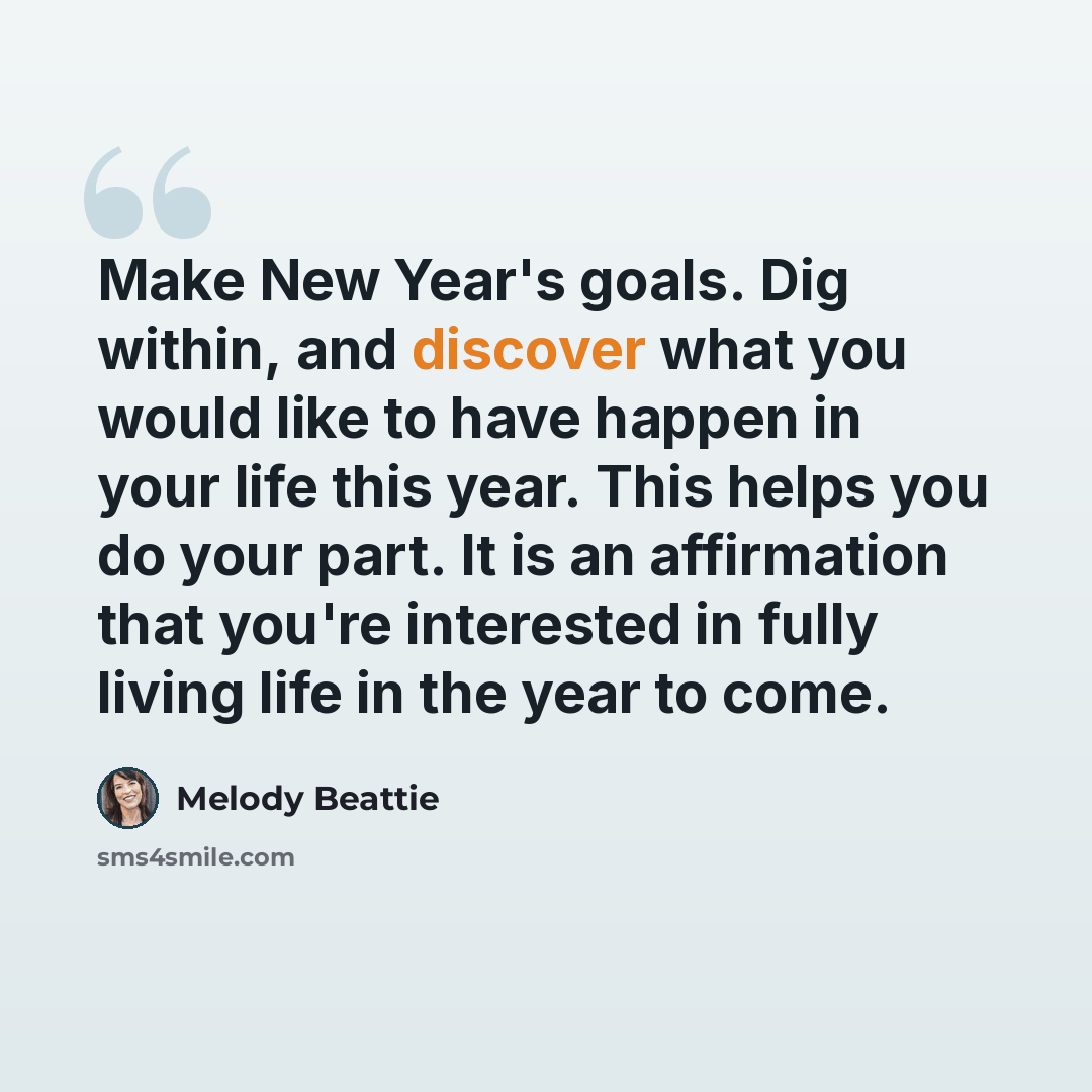 “Make New Year's goals. Dig within, and discover what you would like to have happen in your life this year. This helps you do your part. It is an affirmation that you're interested in fully living life in the year to come.” quote by Melody Beattie