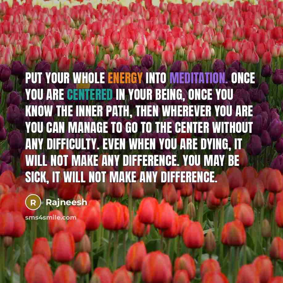 “Put your whole energy into meditation. Once you are centered in your being, once you know the inner path, then wherever you are you can manage to go to the center without any difficulty. Even when you are dying, it will not make any difference. You may be sick, it will not make any difference.” quote by Rajneesh
